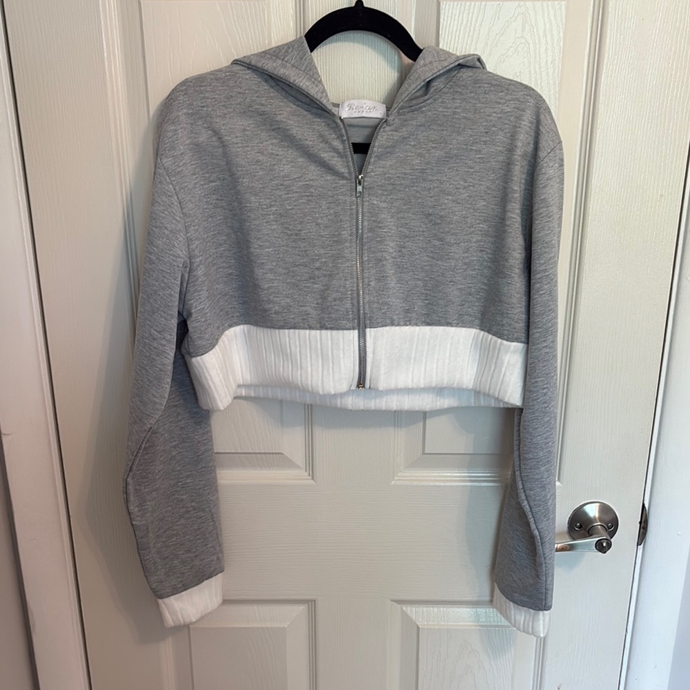 Gray and White Cropped Hoodie